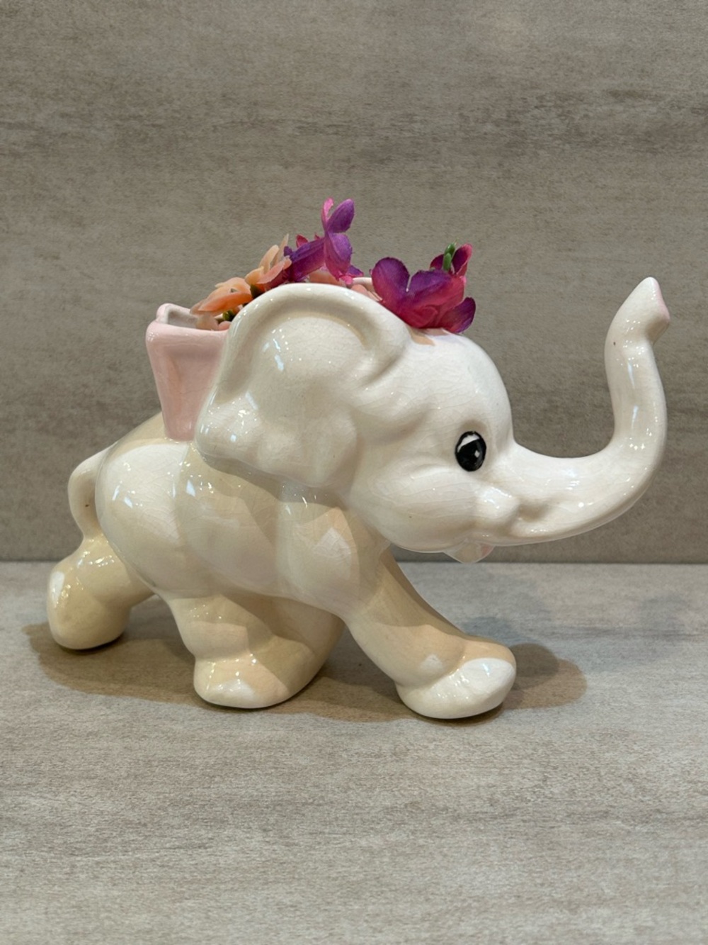 Adorable Ceramic White Elephant Planter with Pink Accent